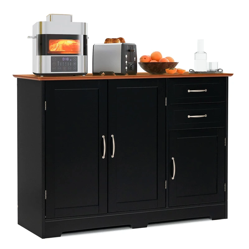 GiantexUK Buffet Sideboard, Wooden Storage Cabinet with Adjustable Shelf, 2 Drawers and 3 Doors, Freestanding Kitchen Cupboard for Living Room Dining Room Hallway (Black + Brown, 100 x 40 x 78cm)