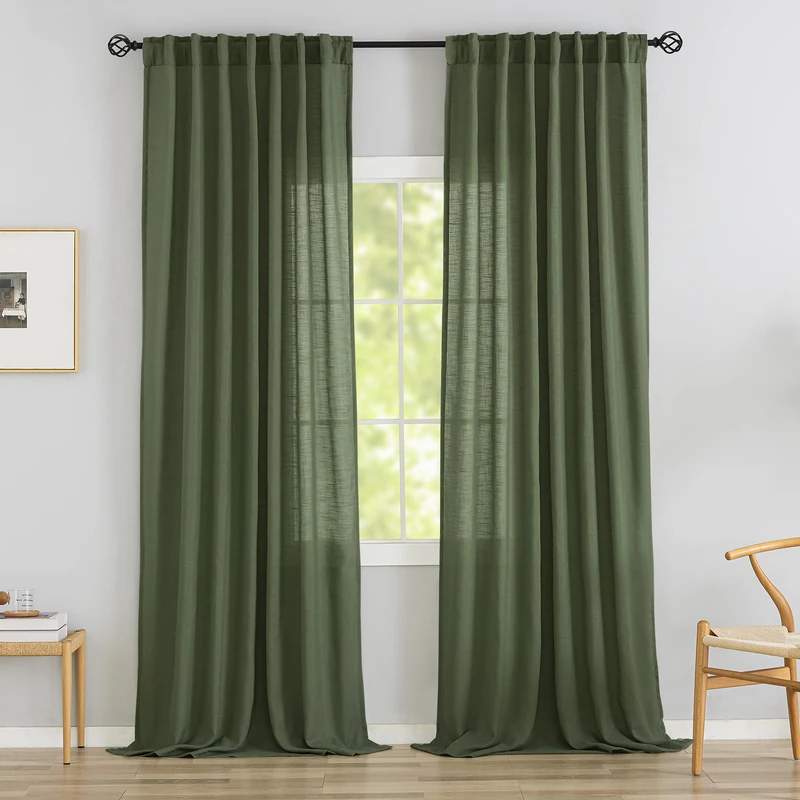 Olive Linen Back Tab Curtains 120 Inches Extra Long Ceiling to Floor for Villa Living Room,2 Panels Hooks Belt Pinch Pleated Easy Sliding Curtains Light Filtering Semi Privacy Sheer Drapres Dried Herb