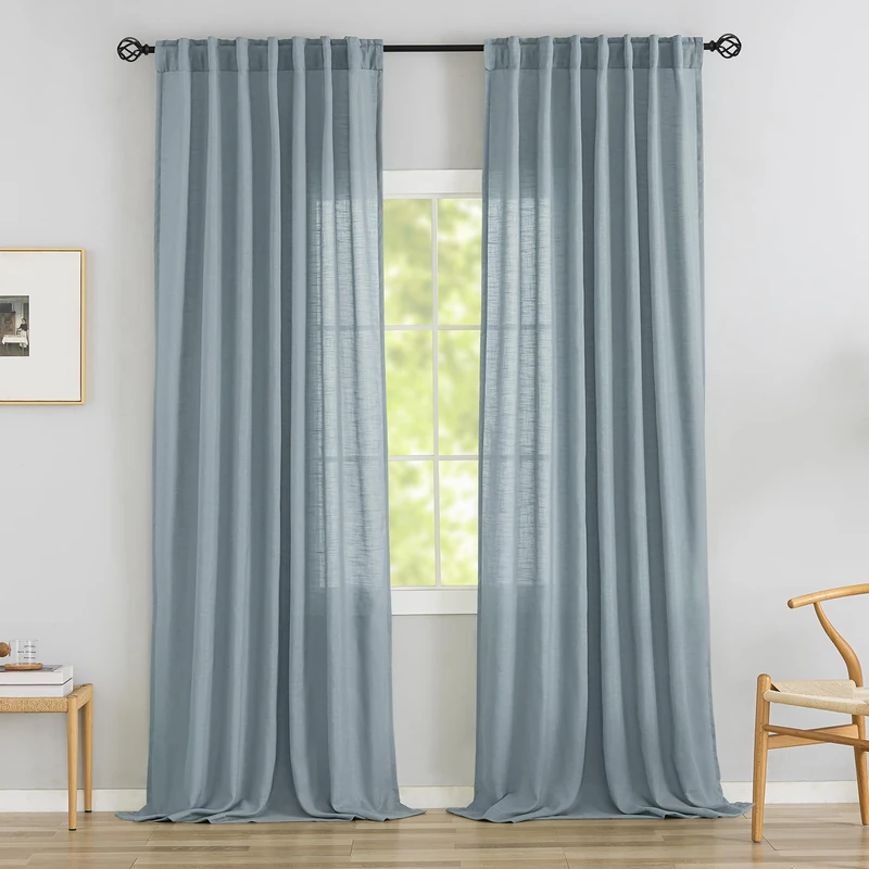 Stone Blue Linen Back Tab Curtains - 90 Inch Long, 2 Panel Set for Dining Cottage - Soft Light Weight Airy Semi Privacy Sheer Curtains with Hooks and Pocket - Light Filtering - 52 x 90 Inch Length