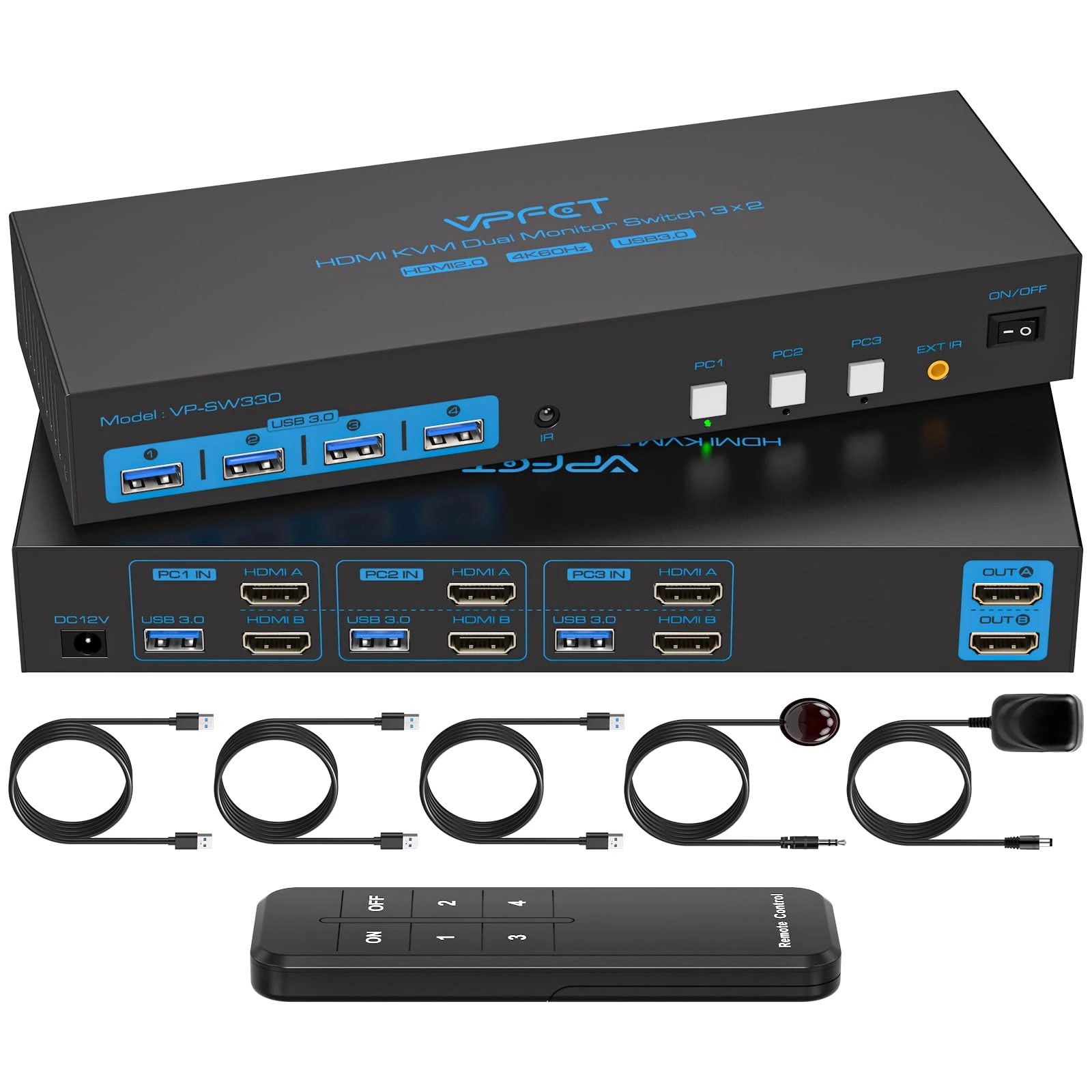 HDMI KVM Switch 4K60Hz 3 Computer Sharing 2 Monitor with 4 USB 3.0 Ports Support Copy and Extended Display and Including 3 USB 3.0 Cable
