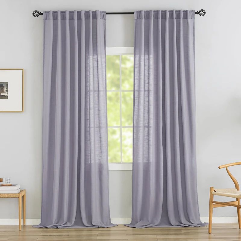 Light Purple Linen Back Tab Curtains 102 Inches Long 2 Panels Set for High Windows - Rustic Hooks Belt Pinch Pleated Look Easy Sliding Curtains Pocket Light Filtering Semi Privacy Drapres Lavender