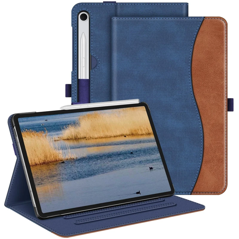 Fintie Case for Samsung Galaxy Tab S9 FE 5G 10.9 Inch/Galaxy Tab S9 11 Inch 2023, Multi-Angle Viewing Protective Cover with Pocket, Auto Sleep/Wake, Denim Blue/Brown