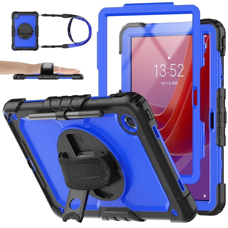 SEYMAC stock Case for Lenovo Tab M11 / K11 11 Inch 2024 (TB-330FU/TB-330XU), Heavy Duty Shockproof Case with 360° Rotating Stand/Hand Strap, Screen Protector, Pen Holder & Shoulder Strap, Blue