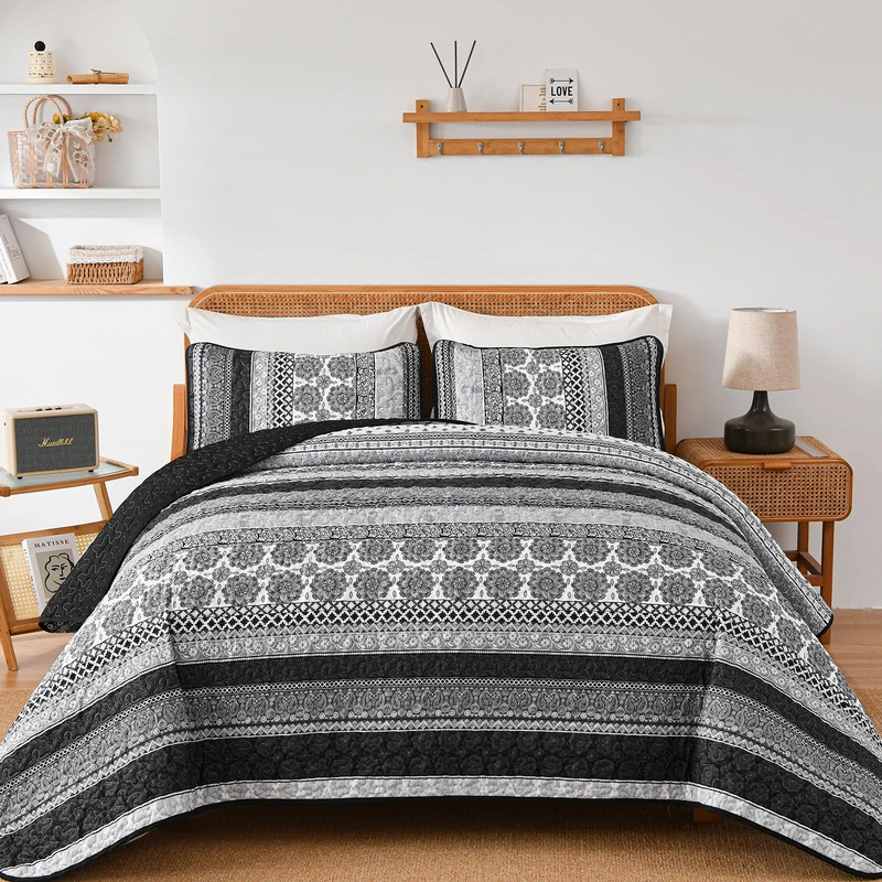 WONGS BEDDING King Size Boho Quilt Set - Grey 3 Piece