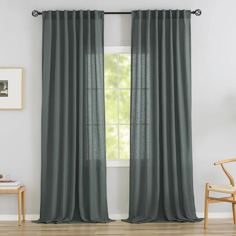 Livingroom 108 Inch Length Linen Textured Curtains - 2 Panels Set Back Tab Hooks Belt Track Natural Flax Weave Light Filtering Semi Sheer Draperies,9FT Extra Long Curtain for High Window,Charcoal Grey