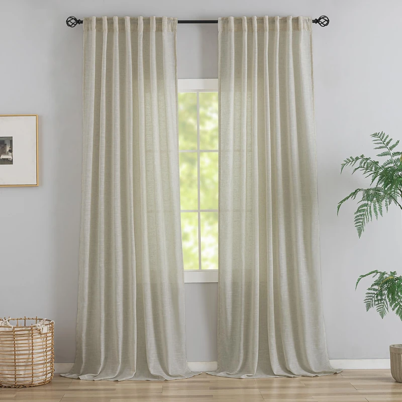 Rustic Livingroom 108 Inch Length Linen Textured Curtains - 2 Panels Set Back Tab Hooks Belt Track Burlap Flax Weave Light Filtering Semi Sheer Drapes,9FT Extra Long Curtain for High Window,Tan Beige