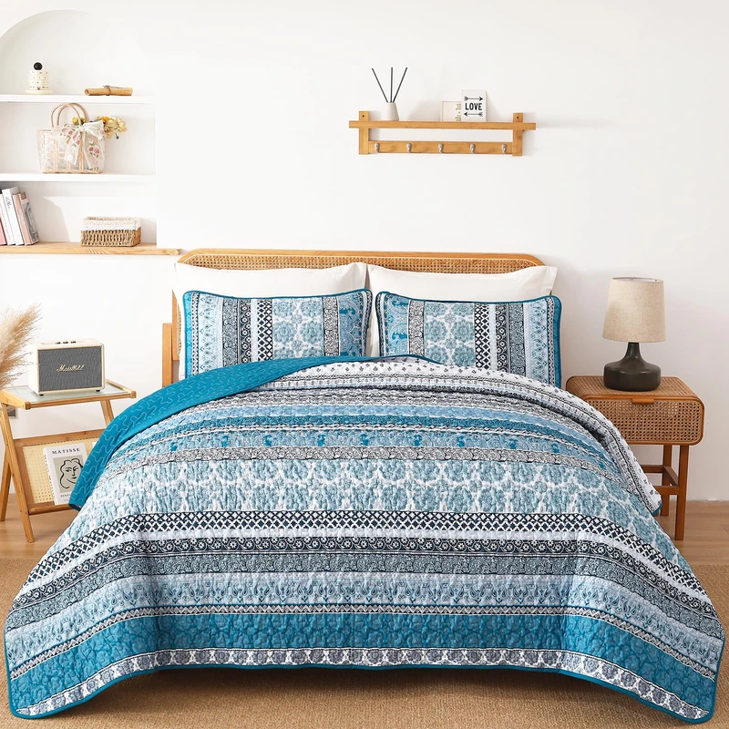 WONGS BEDDING Boho Quilt Set King Size, Teal Blue Bohemian 3 Pieces Quilt Sets, Lightweight Bedspread Coverlet Bedding Set for All Season (104"x90")