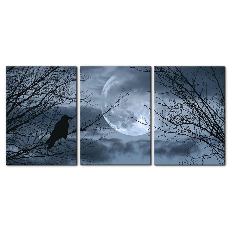 Pacimo 3 Pieces Canvas Art Wall Decor Full Moon Halloween Pictures Black and White Wall Art Painting Prints on Canvas Modern Artwork Stretched and Framed Ready to Hang - 20"x28"x3 Panel