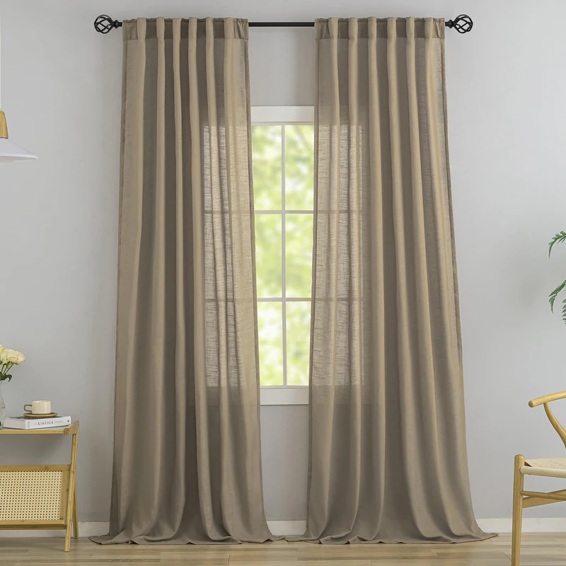 Rustic Livingroom 108 Inch Length Linen Textured Curtains,2 Panels Back Tab Hooks Belt Track Burlap Flax Weave Light Filtering Semi Sheer Drapes,9FT Extra Long Curtains for High Window,Taupe,52"x108"