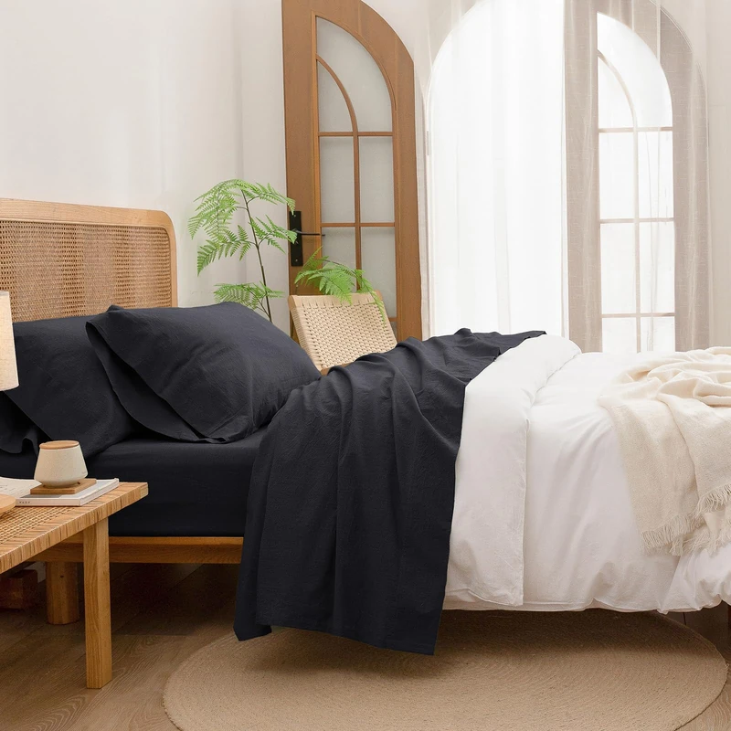 BESTOUCH Full Washed Cotton Linen Feel Sheet Set 4 Pcs Deep Black