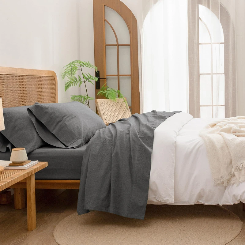 BESTOUCH Twin Washed Cotton Linen Feel Sheet Set 3pc Solid Dark Grey