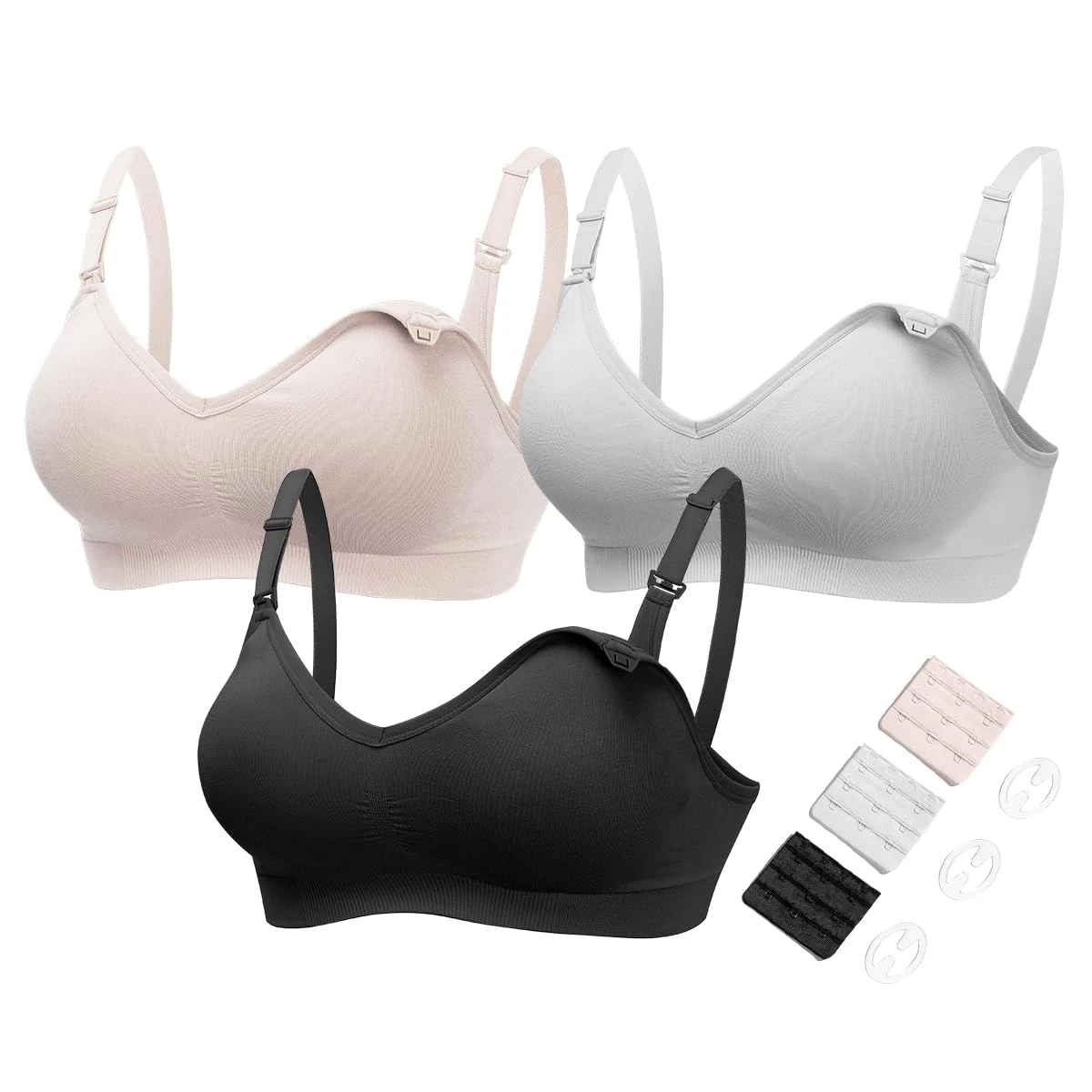 HOFISH Women's Maternity Nursing Bras Seamless 3 Pack Deep V Neck Push Up Bra for Breastfeeding with Extenders & Clips(BlackGreyElegantPink,XL)