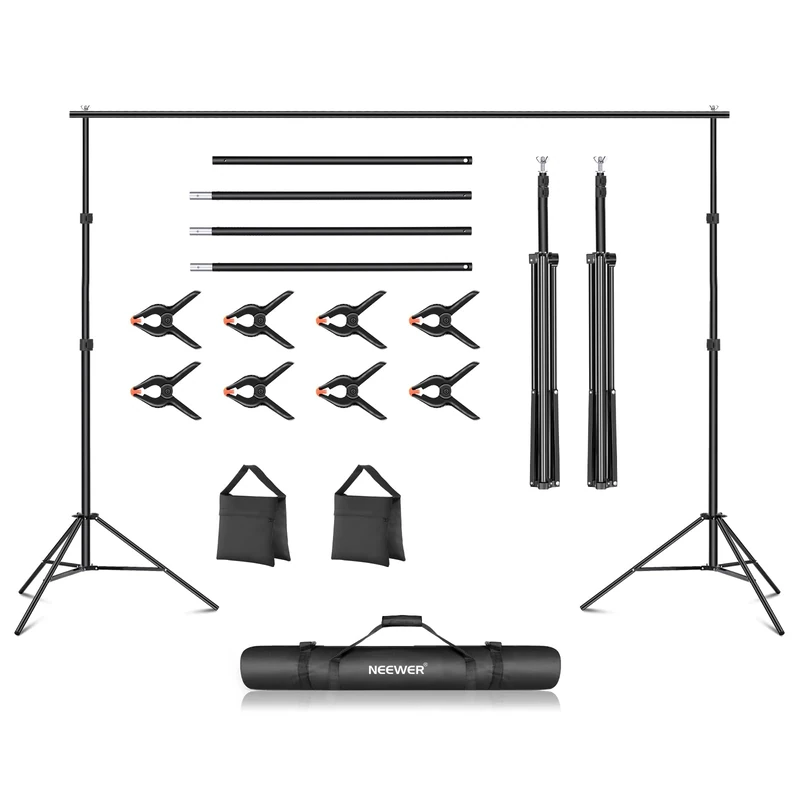 NEEWER Backdrop Stand 10ft x 7ft, Adjustable Photo Studio Backdrop Support System for Wedding Parties Background Portrait Photography with 4 Crossbars, 8 Clamps, 2 Black Sandbags and Carrying Bag