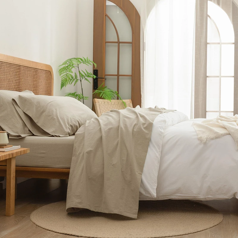 BESTOUCH King Washed Cotton Linen Feel Sheet Set 4 Pcs Almond Milk Grey