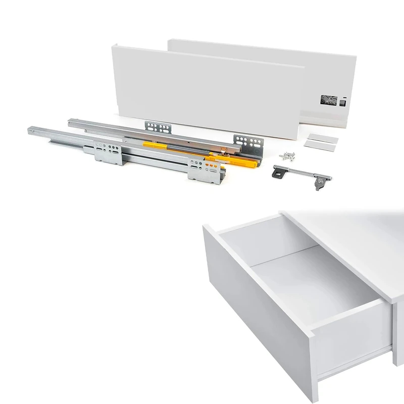 Complete Extraction Guide Kit with External Drawer and Soft Closing - Includes Sliding Linear Guides, HIPS, Front Hooks, Ideal for Kitchen and Bathroom, Capacity 30 kg, White, 18.5 x 50 cm