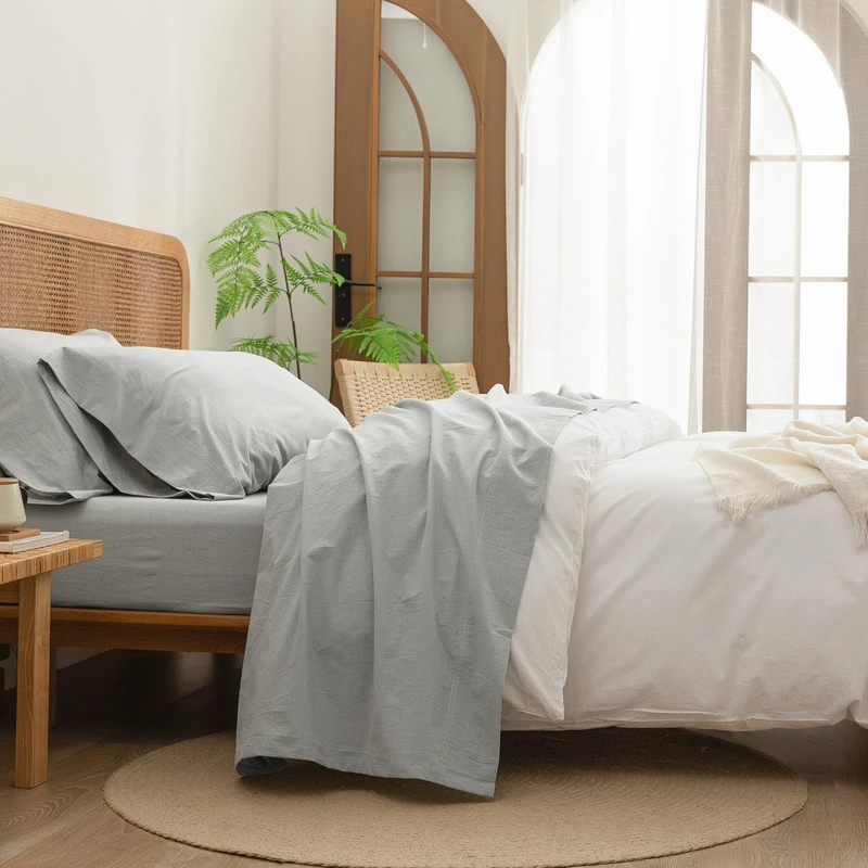 BESTOUCH Full Washed Cotton Linen Feel Sheets 4 Pcs Northern Droplet Grey