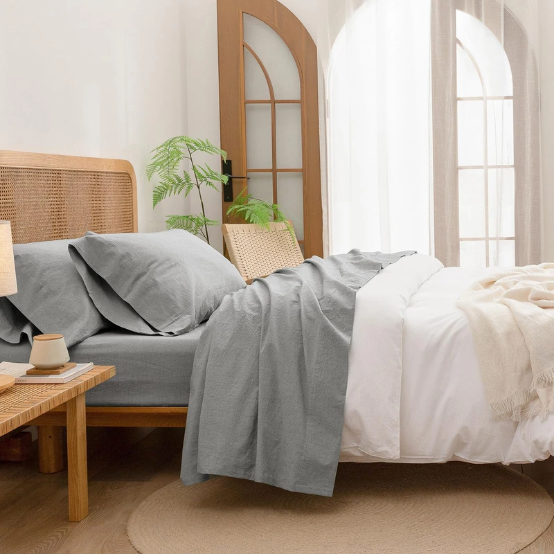 BESTOUCH Full Washed Cotton Linen Feel Sheet Set 4 Pcs Solid Light Grey