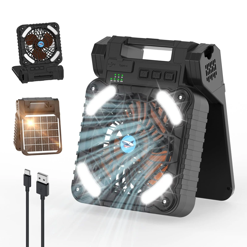 Smiling Shark Portable Camping Fan, 6000 mAh Rechargeable Solar Tent Fan Light 4 Speeds Powerful Wind 3 Timer 90° Foldable Cordless LED Desk Fans with Power Bank for Camping Fishing Ourdoor Hiking