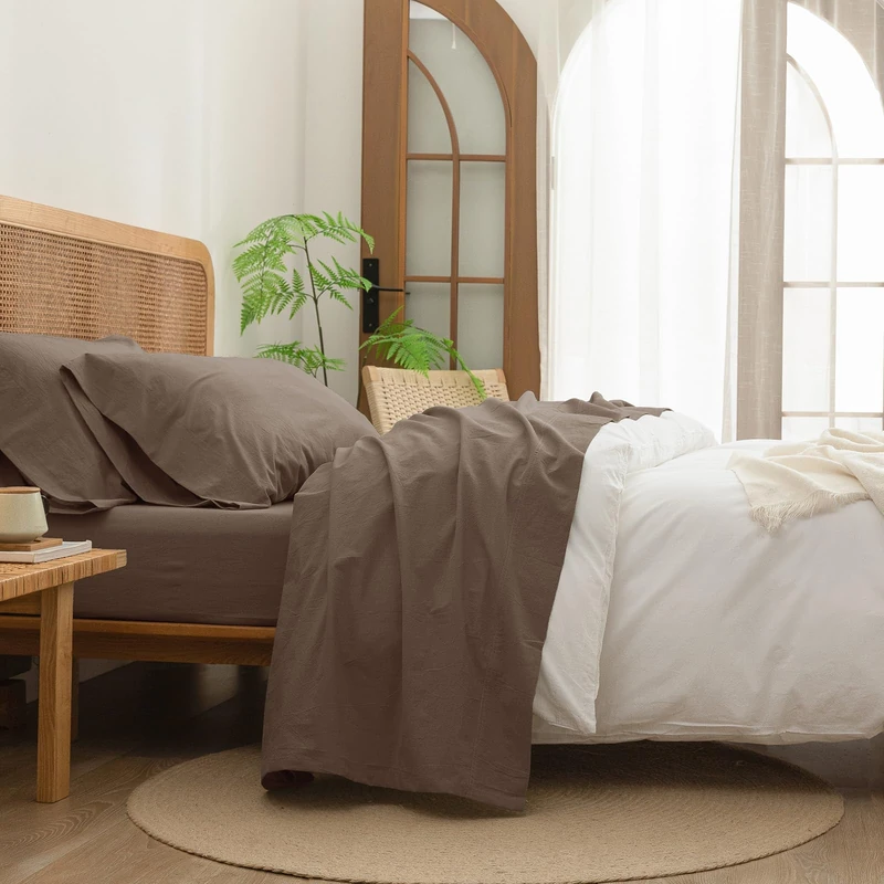 BESTOUCH Full Washed Cotton Linen Feel Sheet Set 4 Pcs Pine Bark Brown