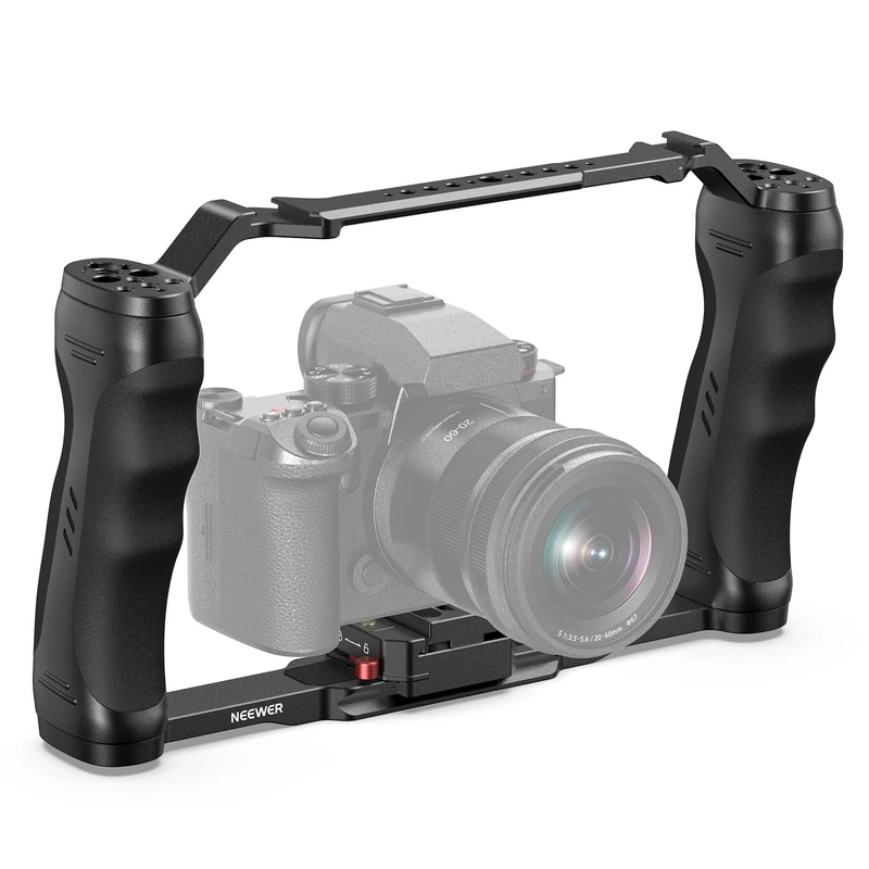 NEEWER Video Camera Cage Rig with Arca Type Quick Release Plate, Double Handles, 3/8" ARRI 1/4" Threads, Cold Shoes, Universal Camera Stabilizer, Compatible with SmallRig NEEWER Base Plate, CA077