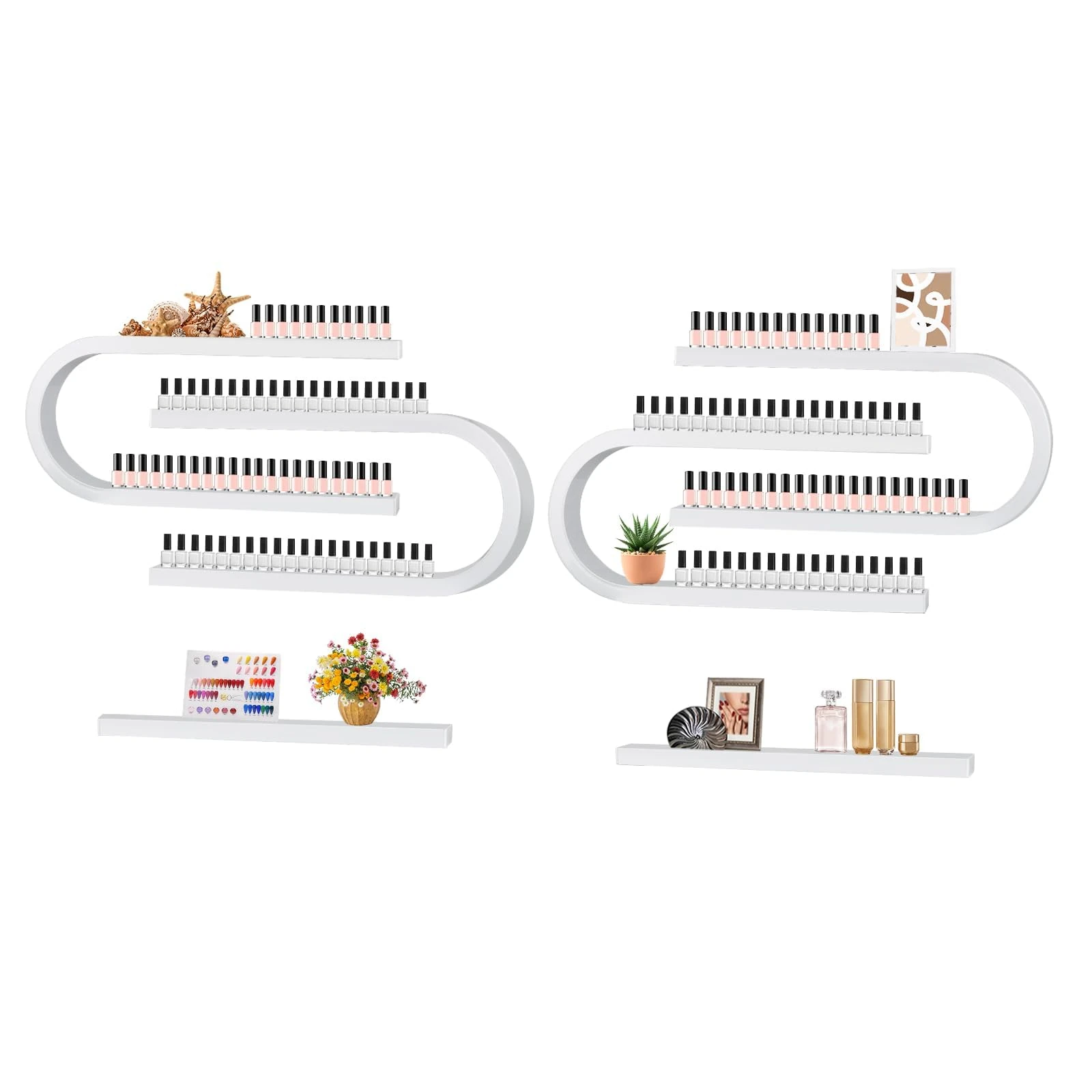 Lorvain 6PS Metal Wall Mounted Nail Polish Storage Racks, White Display Rack U Shape Cosmetic Display Case Lipstick Perfume Wall Shelf Essential Oil Organizer for Nail Polish Bottles Spa Nail Salon