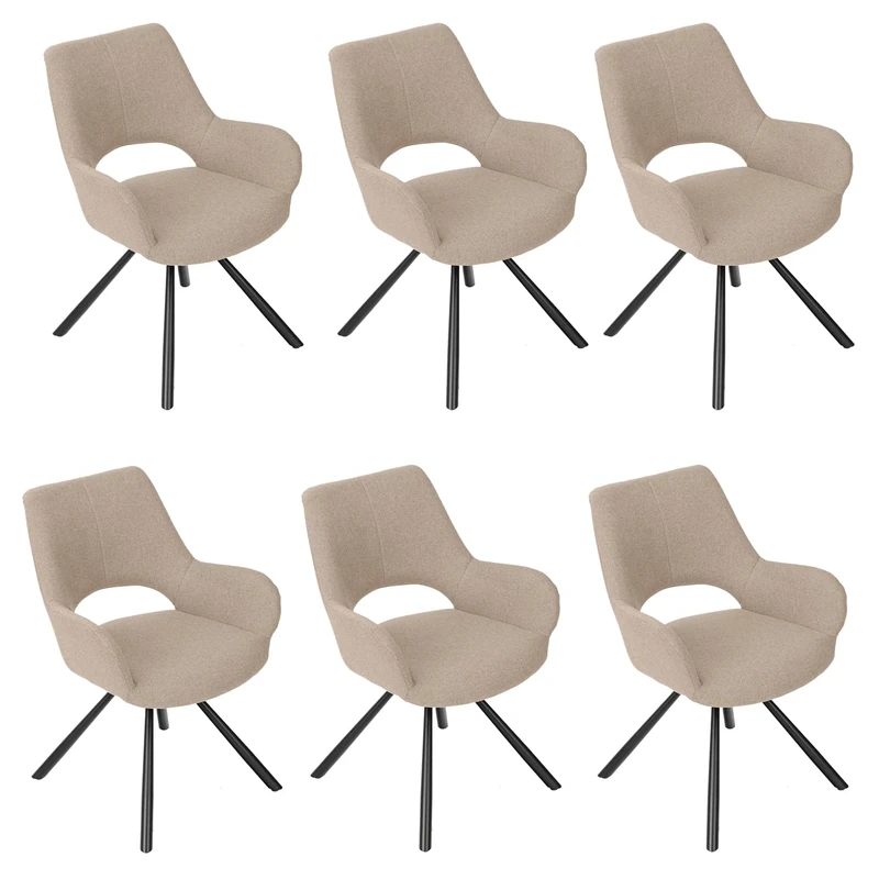 MEUBLE COSY Dining Chairs Set of 6 Fabric Upholstered Corner Armchair with Arms Backrest for Dressing Table Desk Lounge Living Room Kitchen Bedroom Home Office, Metal Legs, Beige