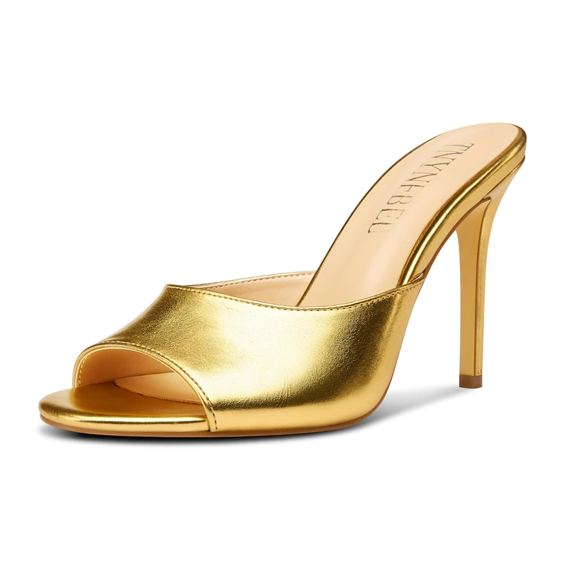 TNYNFBEB Women Stiletto High Heel Peep Open Toe Sandals Slingback Slip-on Wedding Office Cute Basic Classic 3.9 Inches Heels, Gold, 8 UK