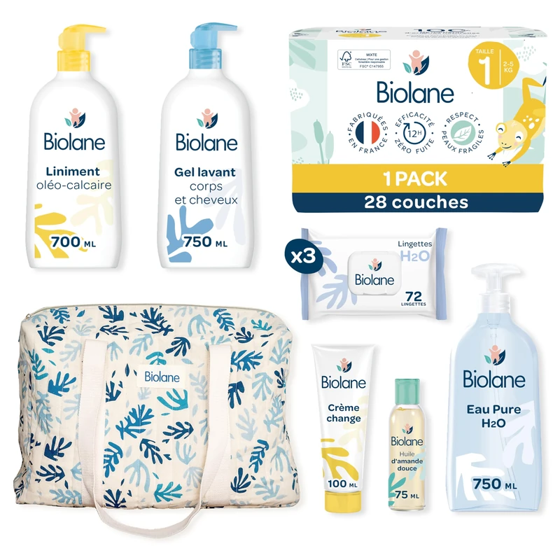 BIOLANE Maternity Set - Newborn Baby Care Kit - Changing Bag & Baby Care - Diaper, Wipes H2O - Image 1