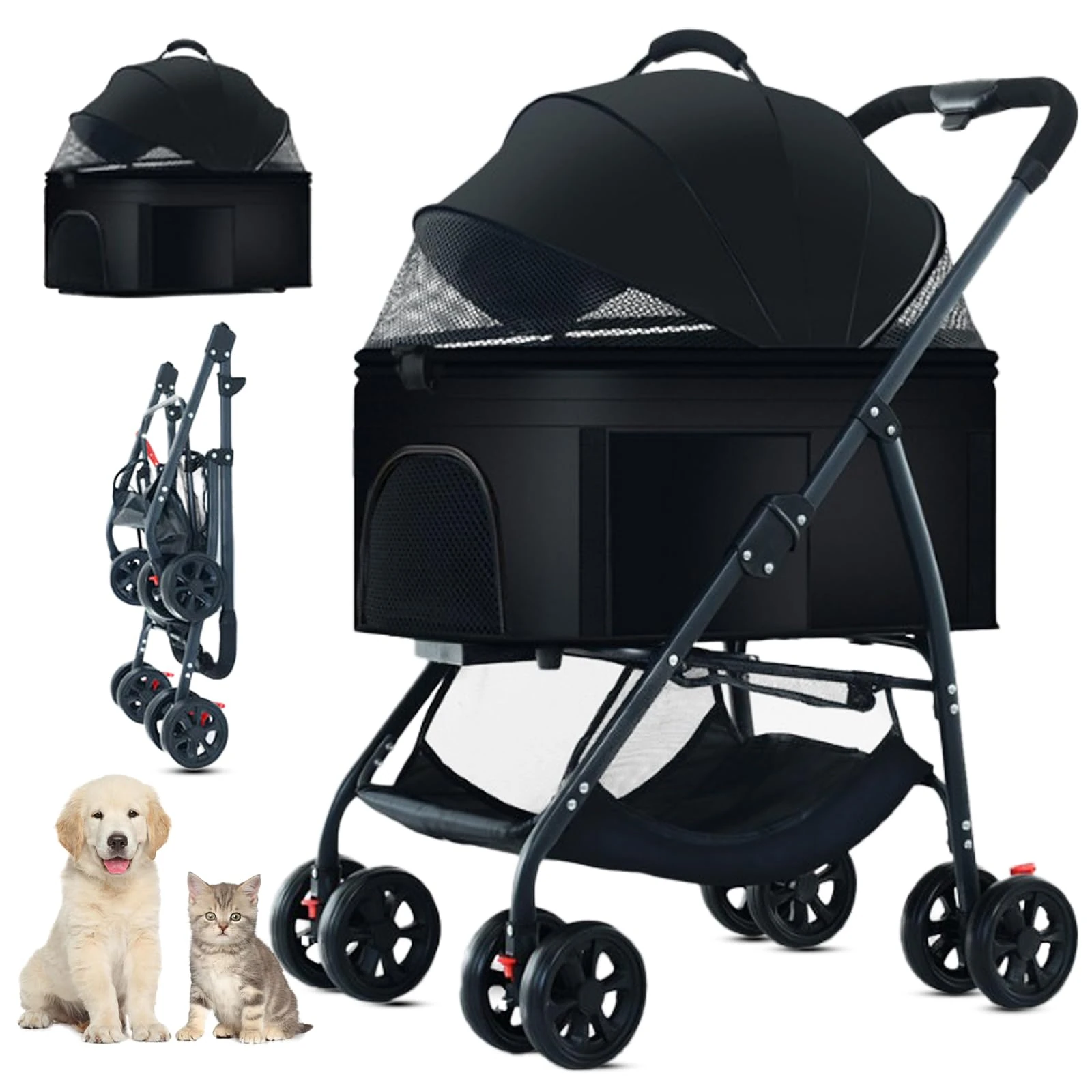 ZHUOKECE 3-in-1 Pet Dog Stroller, Folding Lightweight Dog Stroller Cat Travel Stroller Up to 55lbs, Dog Wagon Travel Carrier Pet Jogger Wagon with Basket for Medium Small Dogs (Black)