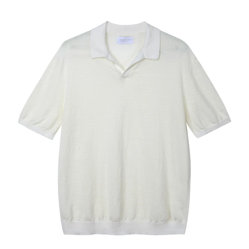 Diana Studio Men's Polo Shirt in 100% Linen, Made in Italy, Natural Colours/White, M
