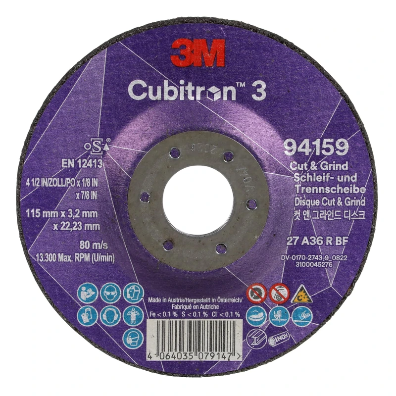 3M Cubitron 3 Cut and Grind Wheel, 94159, 36+, T27, 115 mm x 3.2 mm x 22.23 mm, EN, 10/Pack