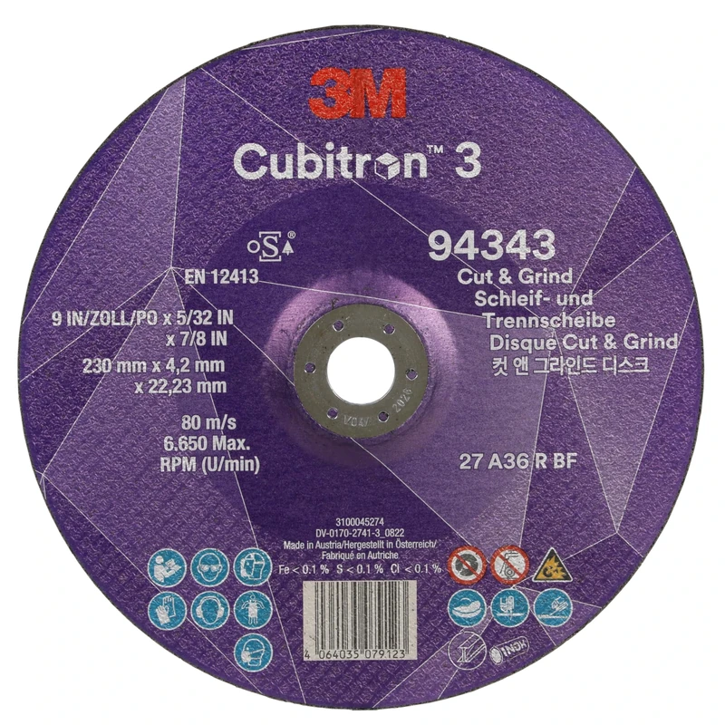 3M Cubitron 3 Cut and Grind Wheel, 94343, 36+, T27, 230 mm x 4.2 mm x 22.23 mm, EN, 10/Pack