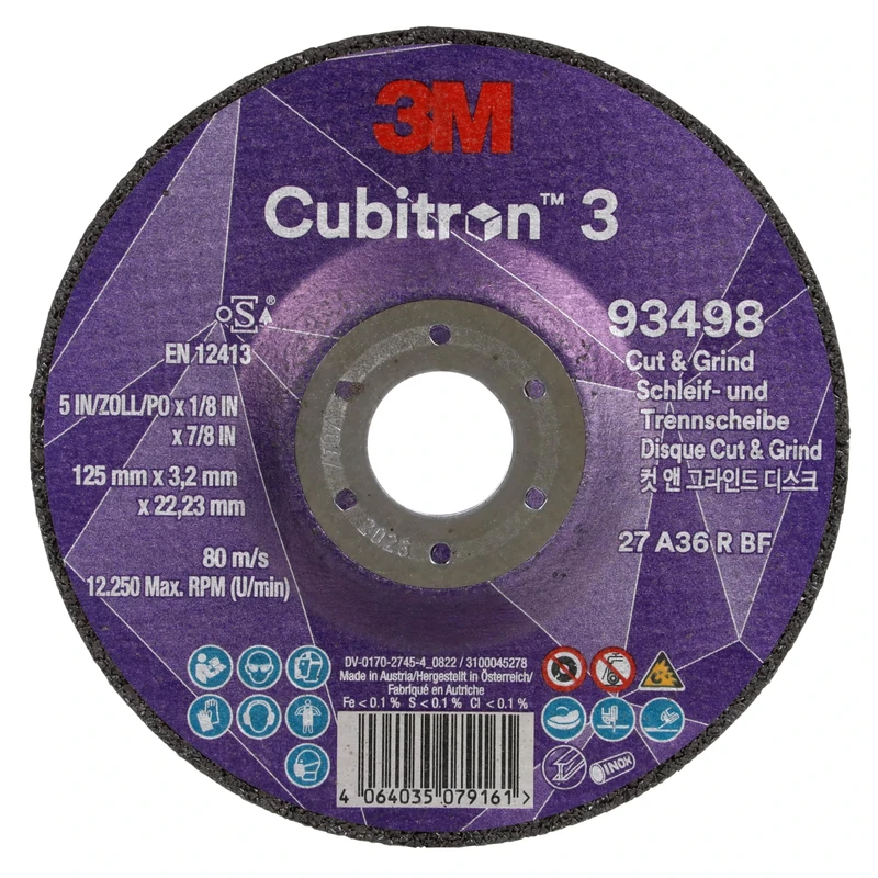 3M Cubitron 3 Cut and Grind Wheel, 93498, 36+, T27, 125 mm x 3.2 mm x 22.23 mm, EN, 10/Pack