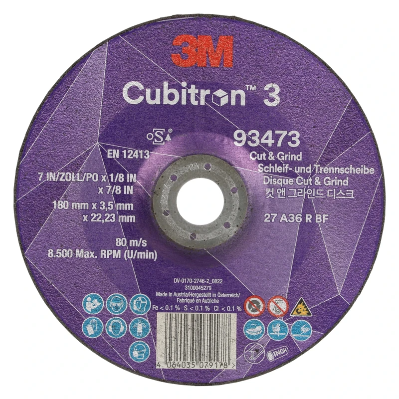 3M Cubitron 3 Cut and Grind Wheel, 93473, 36+, T27, 180 mm x 3.5 mm x 22.23 mm, EN, 10/Pack