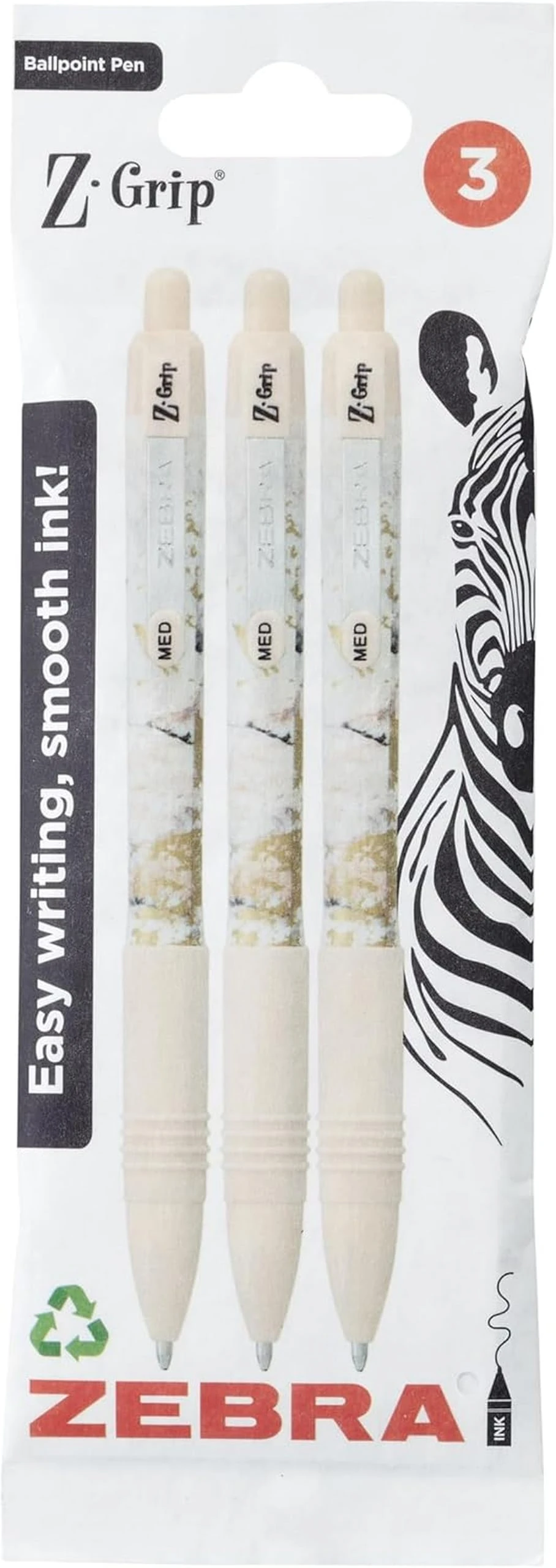 Zebra Pen Z-GRIP Smooth Glam Black Ink Ballpoint Pens 3pk 1.0mm Medium Point Retractable Ink Pens with Clip - Smooth Writing Pens with Low Viscosity Ink, Comfort Grip - 3 Pens Multipack (Pink Marble)