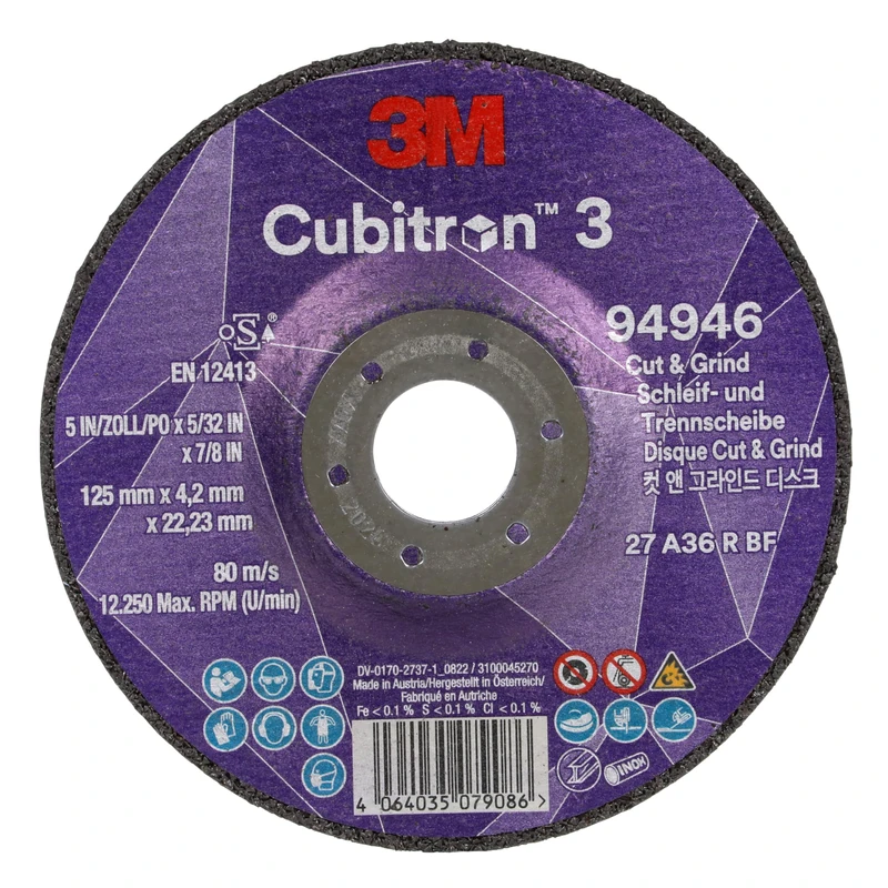 3M Cubitron 3 Cut and Grind Wheel, 94946, 36+, T27, 125 mm x 4.2 mm x 22.23 mm, EN, 10/Pack