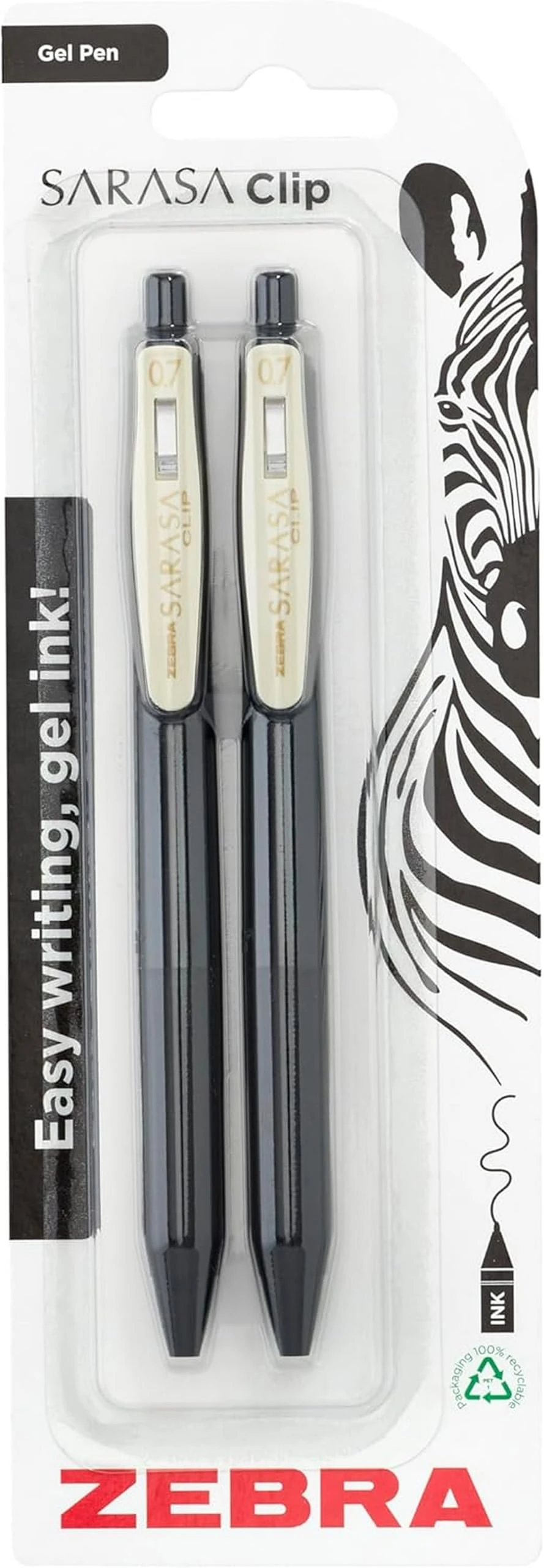 ZEBRA Pen SARASA Gel CLIP Vintage Black Ink Retractable Gel Pen 2 Pk - 0.7mm Black Gel Pens, Acid-Free, Water-Resistant, Rapid Dry, Archival Quality, Refillable Gel Pens with Alligator Clip