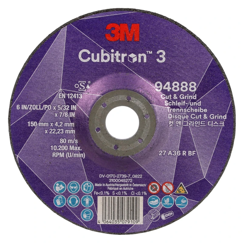 3M Cubitron 3 Cut and Grind Wheel, 94888, 36+, T27, 150 mm x 4.2 mm x 22.23 mm, EN, 10/Pack - Image 1