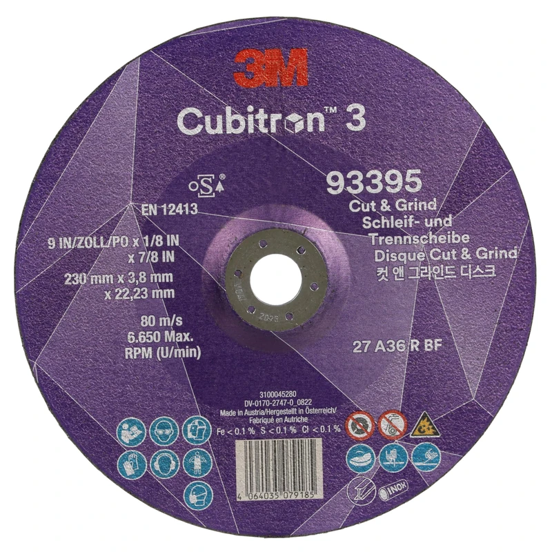 3M Cubitron 3 Cut and Grind Wheel, 93395, 36+, T27, 230 mm x 3.8 mm x 22.23 mm, EN, 10/Pack