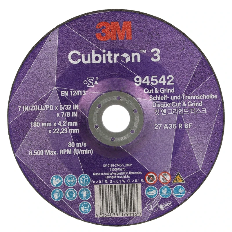 3M Cubitron 3 Cut and Grind Wheel, 94542, 36+, T27, 180 mm x 4.2 mm x 22.23 mm, EN, 10/Pack