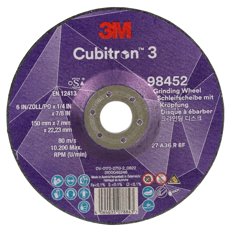 3M Cubitron 3 Depressed Center Grinding Wheel, 98452, 36+, T27, 150 mm x 7 mm x 22.23 mm, EN, 10/Pack