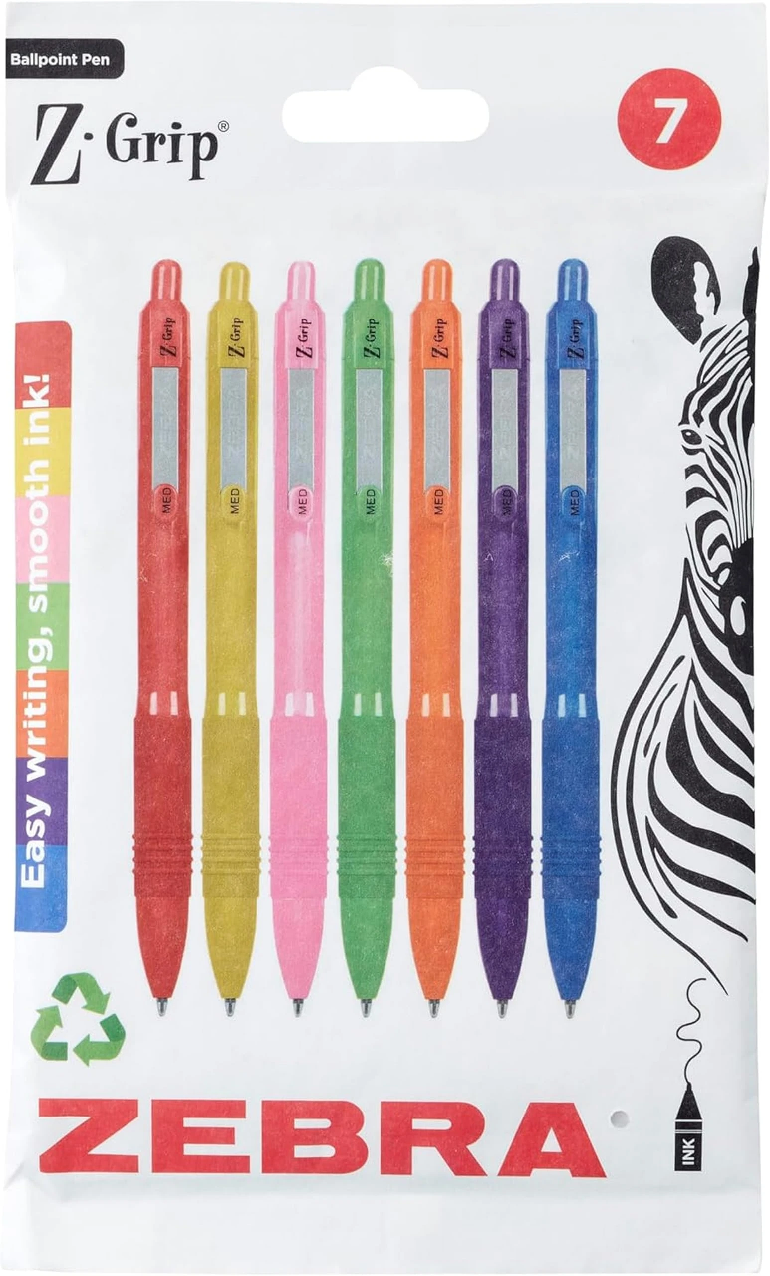 Zebra Pen Z GRIP Smooth Ballpoint Pens Black Ink 7pk – Rainbow Barrel 1mm Medium Point Retractable Ink Pens with Clip - Smooth Writing Pens with Low Viscosity Ink, Comfort Grip - 7 Pens Multipack