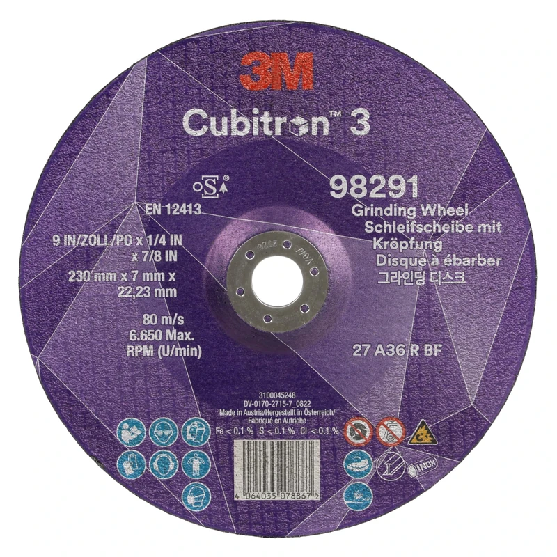 3M Cubitron 3 Depressed Center Grinding Wheel, 98291, 36+, T27, 230 mm x 7 mm x 22.23 mm, EN, 10/Pack