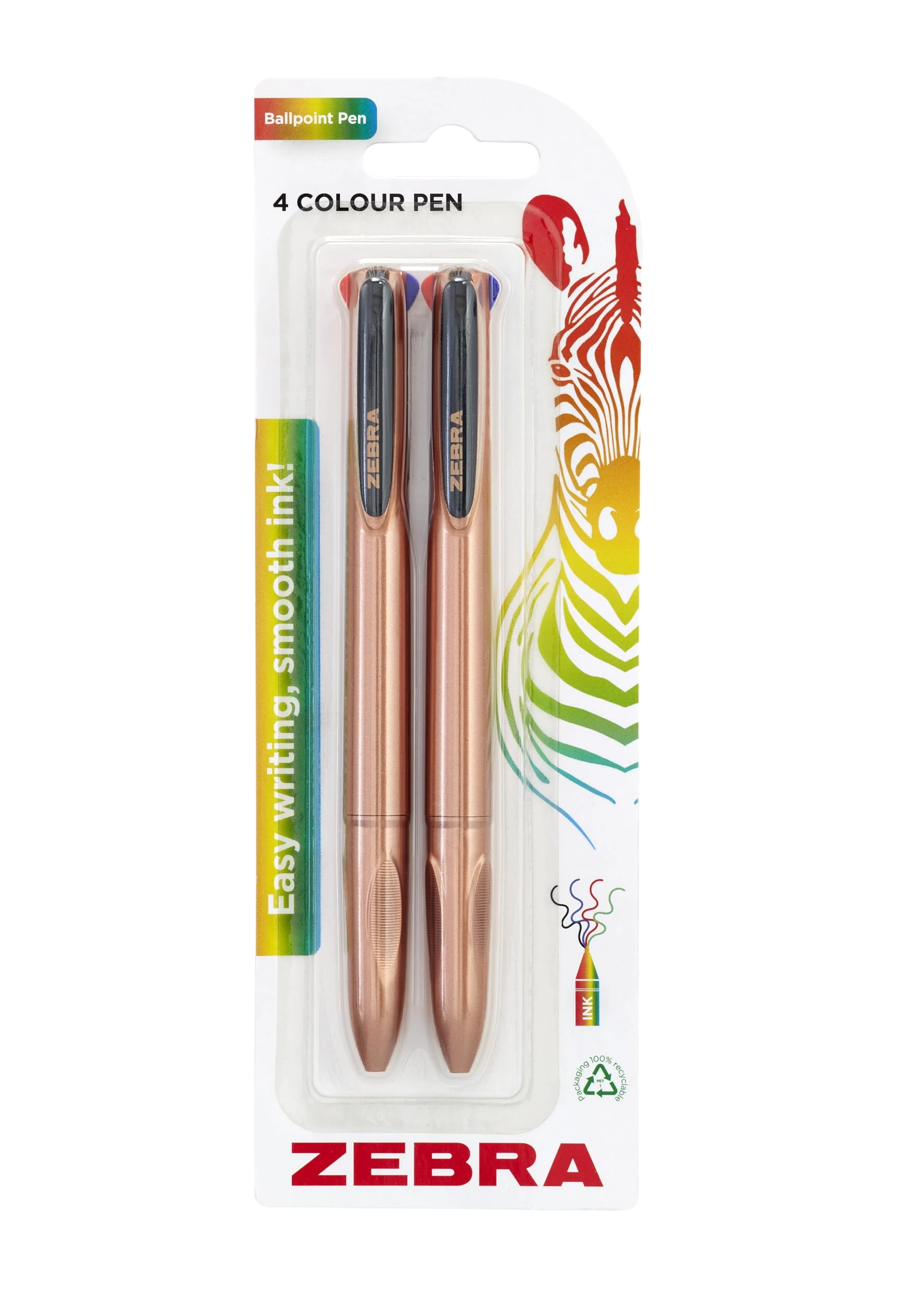 Zebra Pen Z-GRIP 4 Colour Retractable Ballpoint Pens 2pk - Rose Gold Side Click Pens, Medium Point With Black, Blue, Green & Red Ink, Ergonomic Grip, With Refillable Ink & Recyclable Packaging