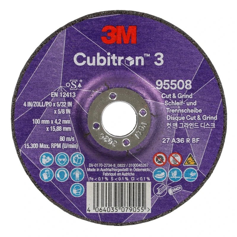 3M Cubitron 3 Cut and Grind Wheel, 95508, 36+, T27, 100 mm x 4.2 mm x 15.88 mm, EN, 10/Pack