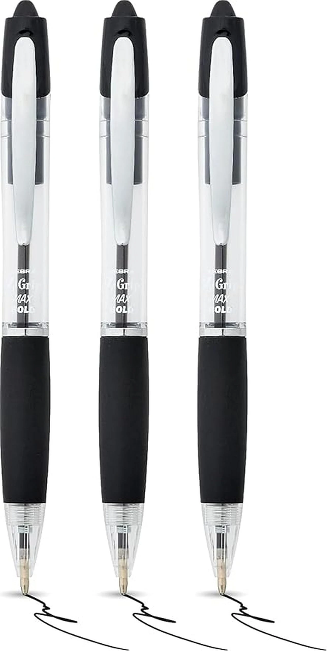 Zebra Pen Z-Grip MAX Black Ballpoint Pens 3pk - 1.2mm Medium Point Retractable Ink Pens with Clip - Smooth Writing Pens with Low Viscosity Ink, Comfort Grip - Multipack Pens (Black)