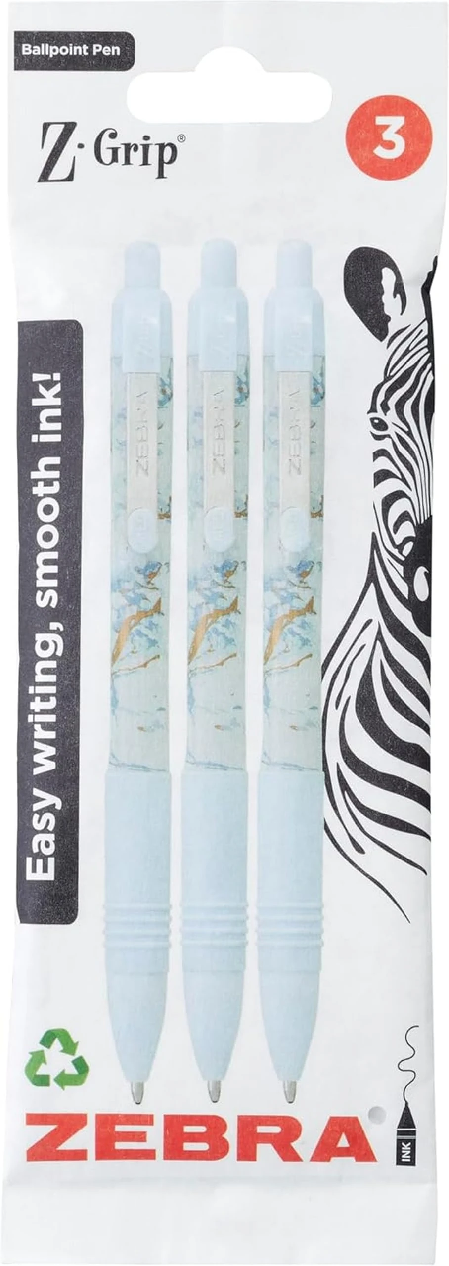 Zebra Pen Z-GRIP Smooth Glam Black Ink Ballpoint Pens 3pk 1.0mm Medium Point Retractable Ink Pens with Clip - Smooth Writing Pens with Low Viscosity Ink, Comfort Grip - 3 Pens Multipack (Blue Marble)