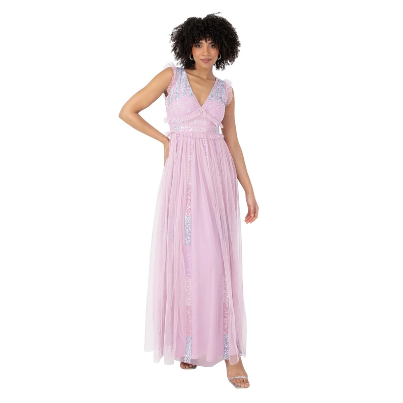 Maya Deluxe Women's Ladies Maxi Dress Plunge V-Neck Short Flutter Sleeve Sequin Embellished Ruffle Tulle A-line Prom Ball Gown Dawn Pink 8