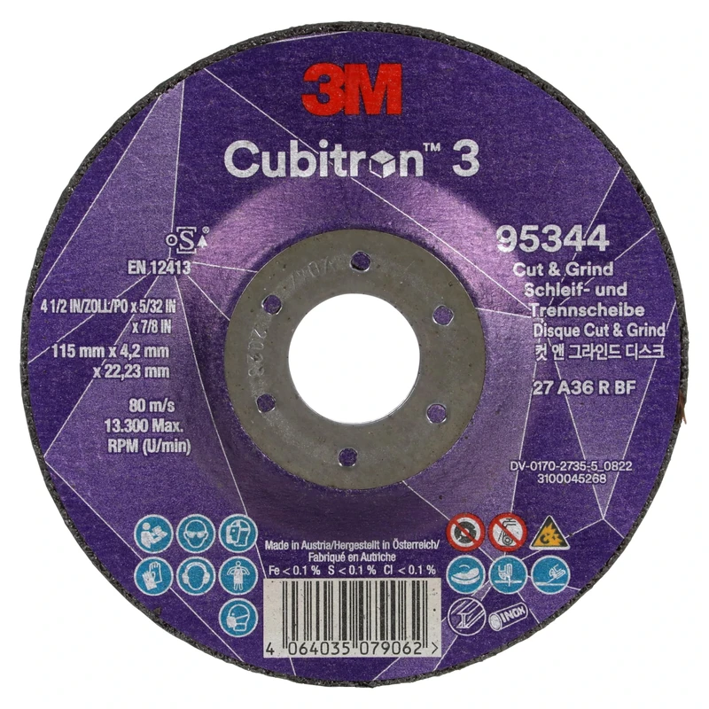 3M Cubitron 3 Cut and Grind Wheel, 95344, 36+, T27, 115 mm x 4.2 mm x 22.23 mm, EN, 10/Pack