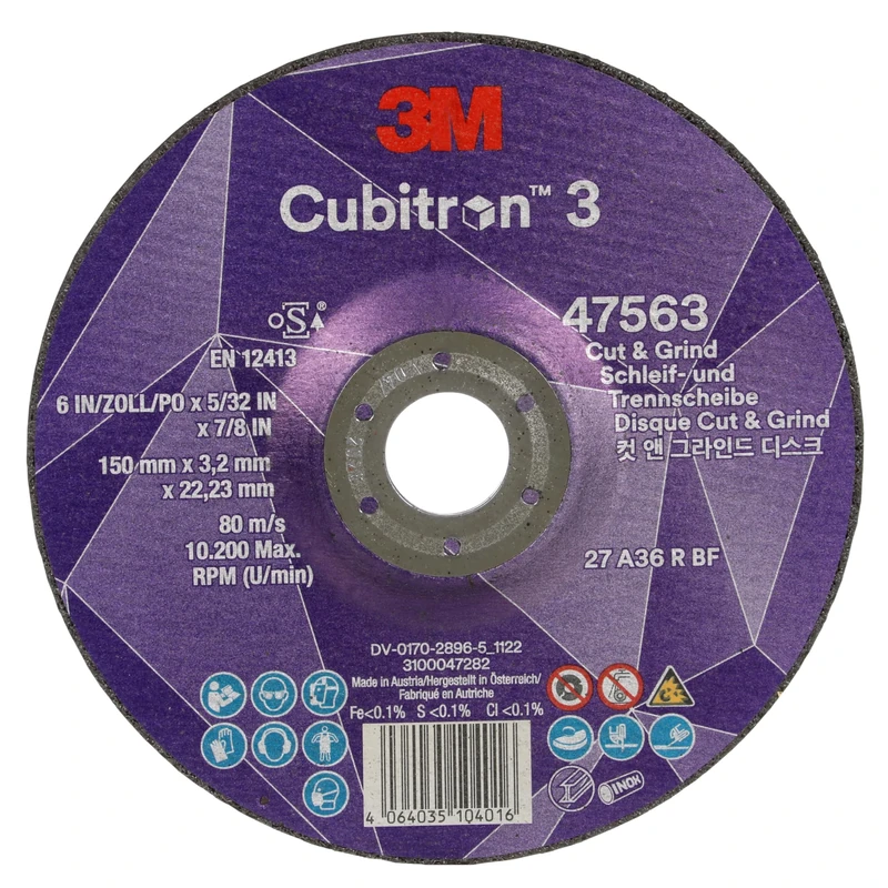 3M Cubitron 3 Cut and Grind Wheel, 47563, 36+, T27, 150 mm x 3.2 mm x 22.23 mm, EN, 10/Pack
